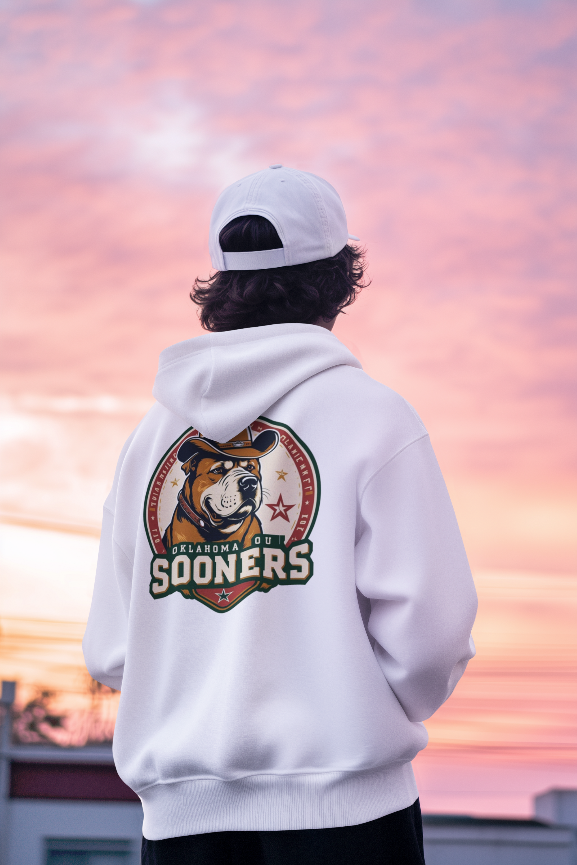 Show your Sooner pride with this unique hoodie featuring a charming dog sporting a classic cowboy hat.