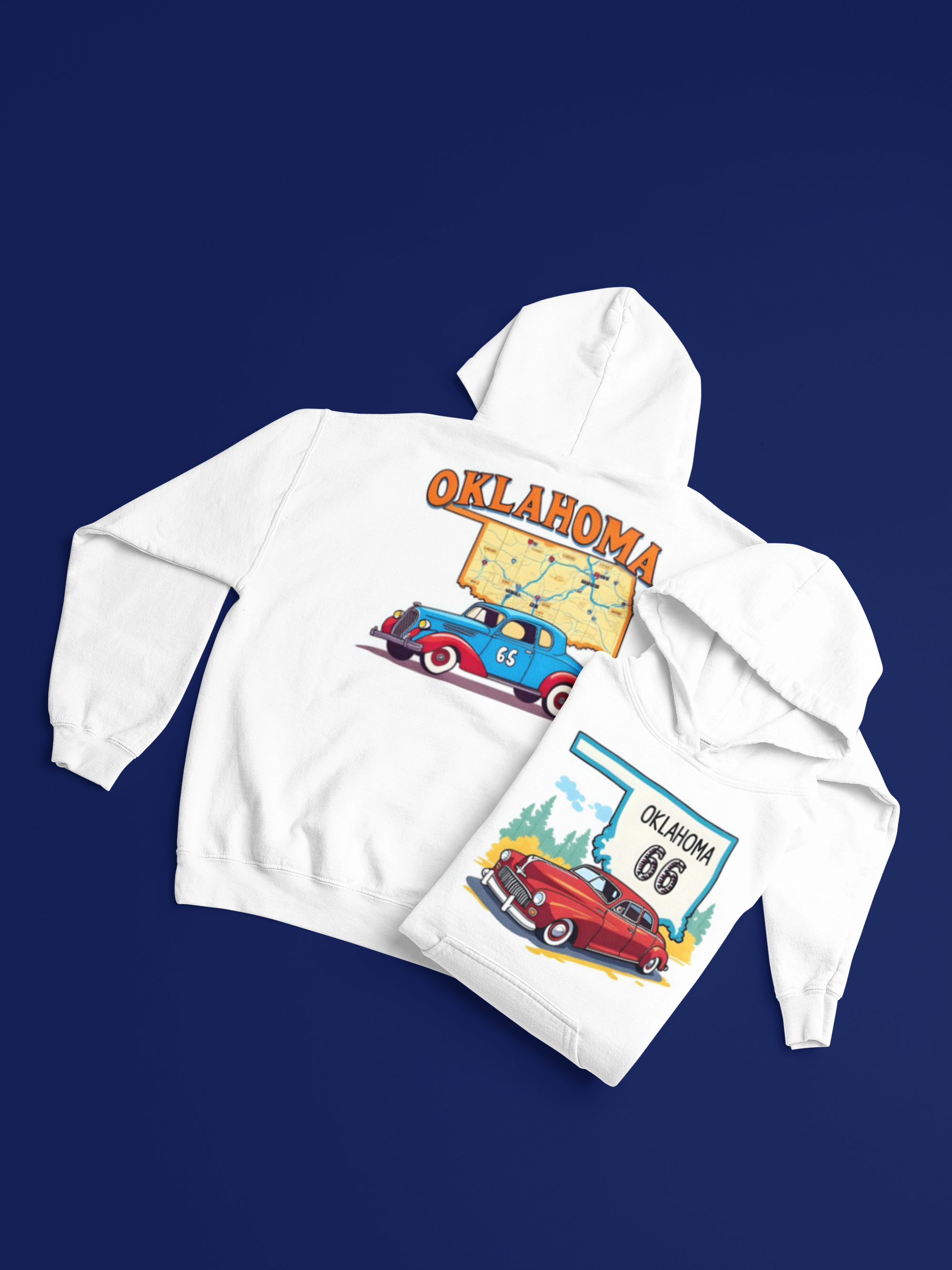 Celebrate your Oklahoma pride with this dynamic two-piece set featuring a classic Route 66 hoodie and matching t-shirt showcasing a vintage car against the iconic Oklahoma map.