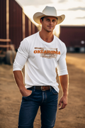 Showcase your Oklahoma pride with this striking men's long sleeve tshirt featuring a detailed state map design.