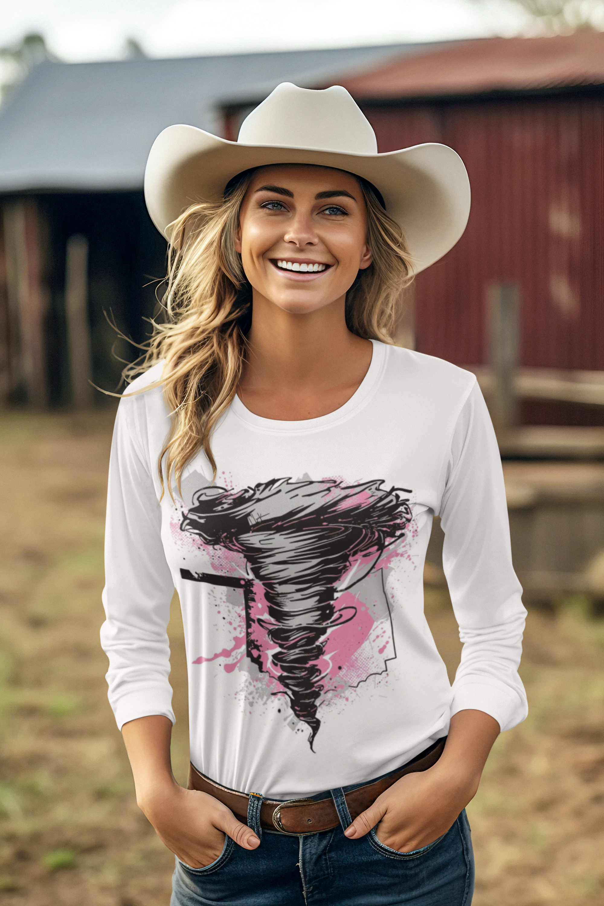 Embrace your Oklahoma pride with this striking pink and black tornado tee designed for the modern woman.