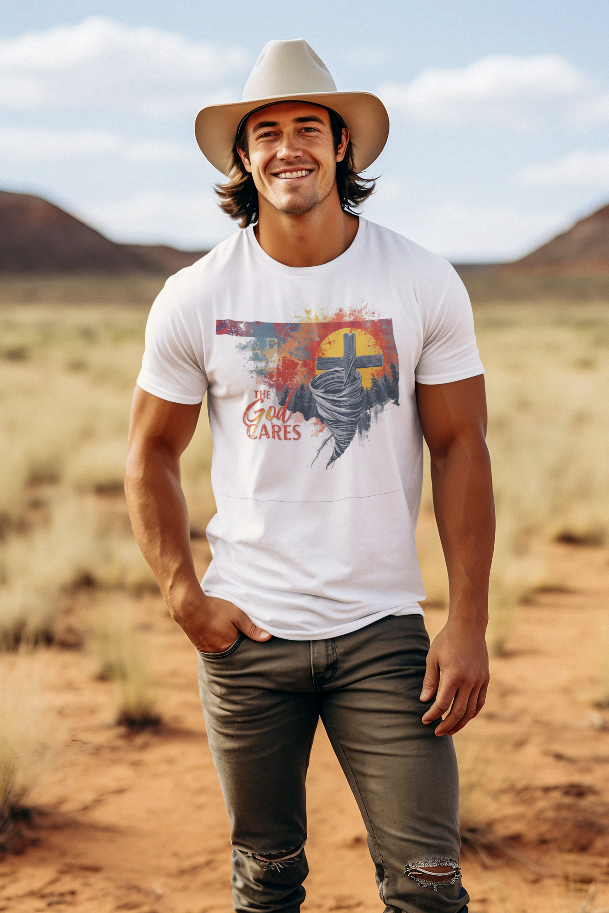 My God Cares Men's T-shirt Wear your faith with a smile in this laid-back tee that's equal parts comfort and conviction.